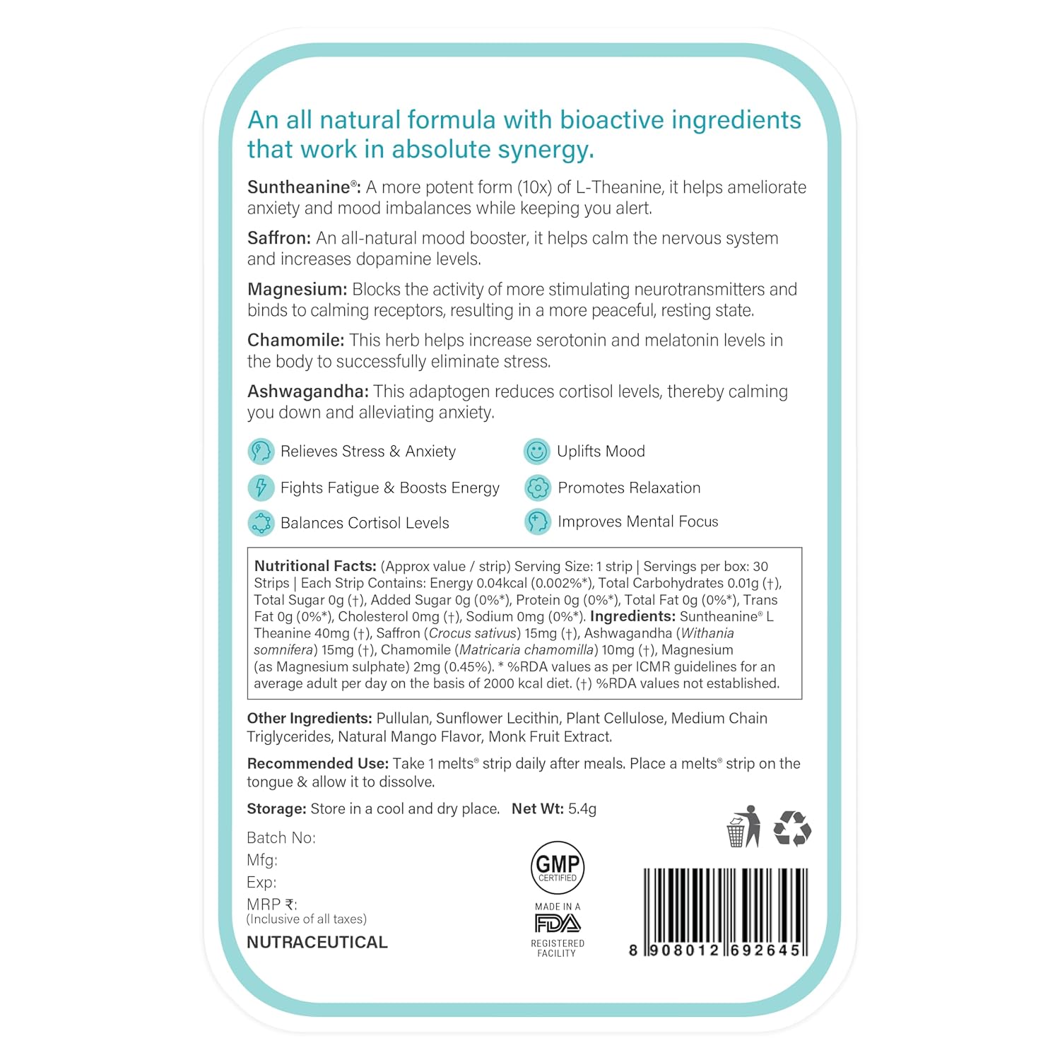 Zephivo Wellbeing Nutrition Melts Calm & Relaxation | Suntheanine L-theanine, Magnesium & Chamomile - Natural Stress & Anxiety Relief to Uplift Mood and Reduce Cortisol (30 Oral Strips)