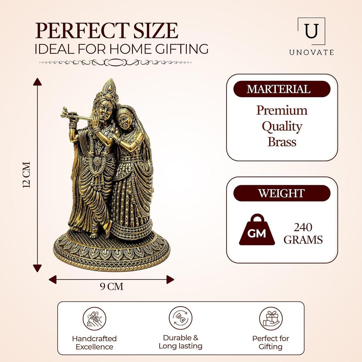 UNOVATE 100% Pure Brass Radha Krishna Murti, Radha Krishna Idol for Gift