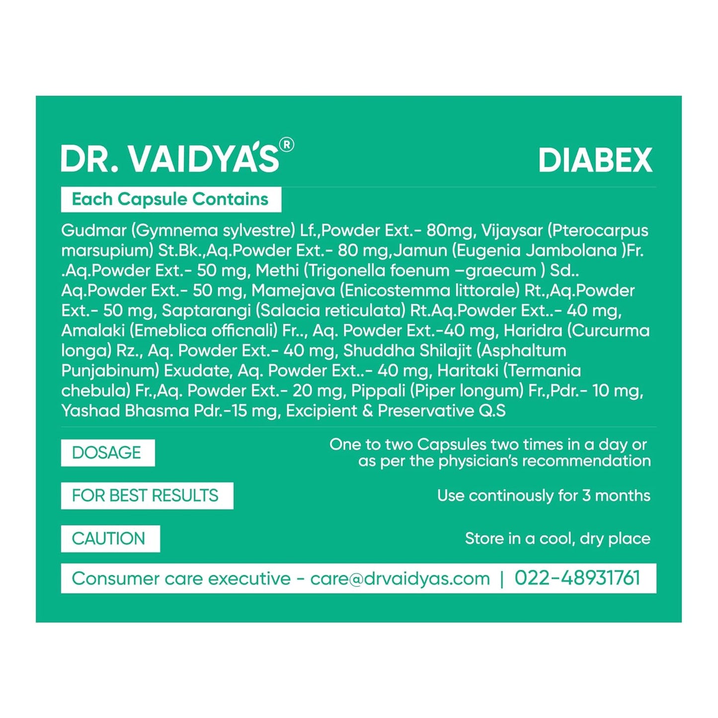 Dr. Vaidya's Diabex Capsules | Helps Regulate Blood Sugar Levels | Ayurvedic Blend With The Goodness Of Methi, Karela & Neem | (30 Capsules)