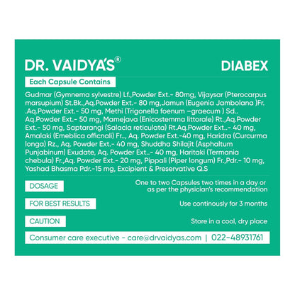 Dr. Vaidya's Diabex Capsules | Helps Regulate Blood Sugar Levels | Ayurvedic Blend With The Goodness Of Methi, Karela & Neem | (30 Capsules)