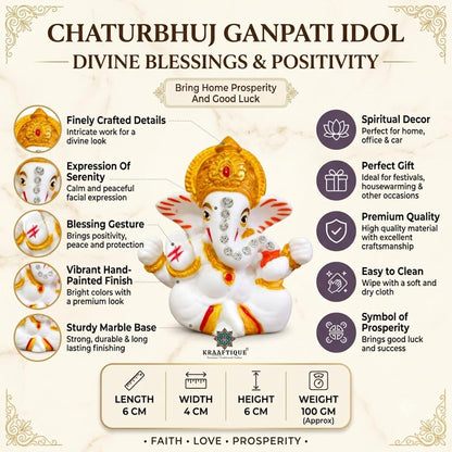 Chaturbhuj Ganpati Idol White Marble Statue, Matte Finish Ganesh Murti for Puja, Mandir, Home Decor, Diwali, Ganesh Chaturthi, Festivals & Gifting