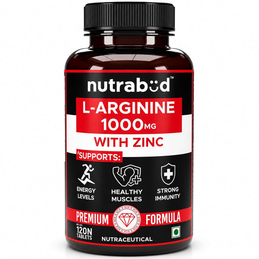 Nutrabud L-Arginine 1000 mg - 120 Tablets - Fuels Muscle Growth, Boosts Nitric Oxide Production (120 Count (Pack of 1), Unflavoured)