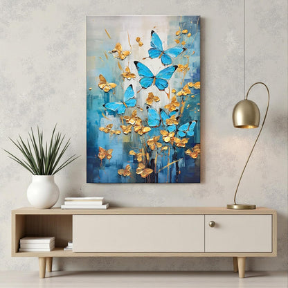 Stretched Canvas Blue and Golden Butterfly 3D Abstract Painting Abstract Vastu Hand Painted Canvas Painting Paintings for Art 3D Textured Butterfly Modern 61x91 cm