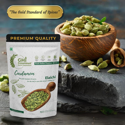 GOURMET HEALTH IMPRESSIONS | Superior Grade Whole Green Cardamom (Elaichi) - 8MM BOLD Size | Large Size | Aromatic Green Pods, Non-GMO - Perfect for Culinary & Aromatic Uses | GHI Foods