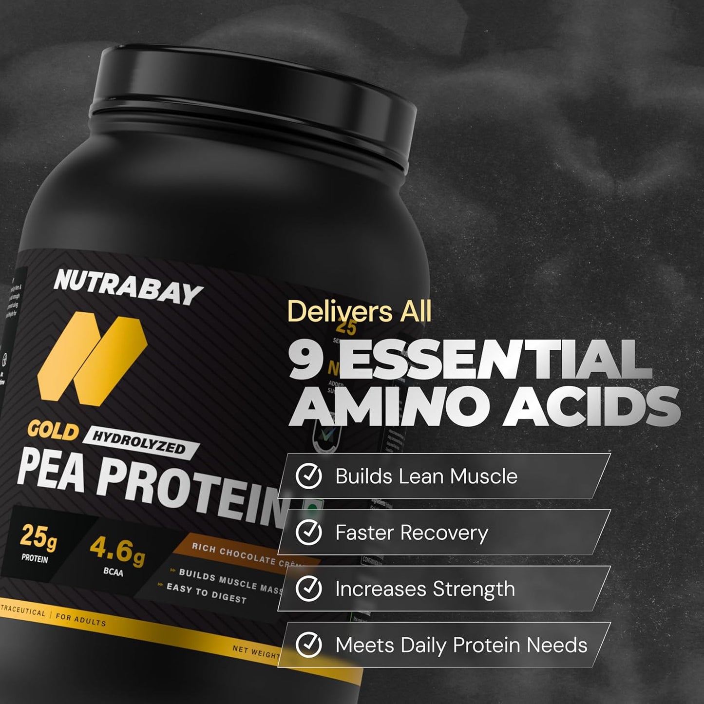 Nutrabay Gold Hydrolyzed Pea Protein container with text highlighting benefits on a dark background