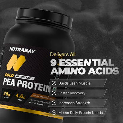 Nutrabay Gold Hydrolyzed Pea Protein container with text highlighting benefits on a dark background