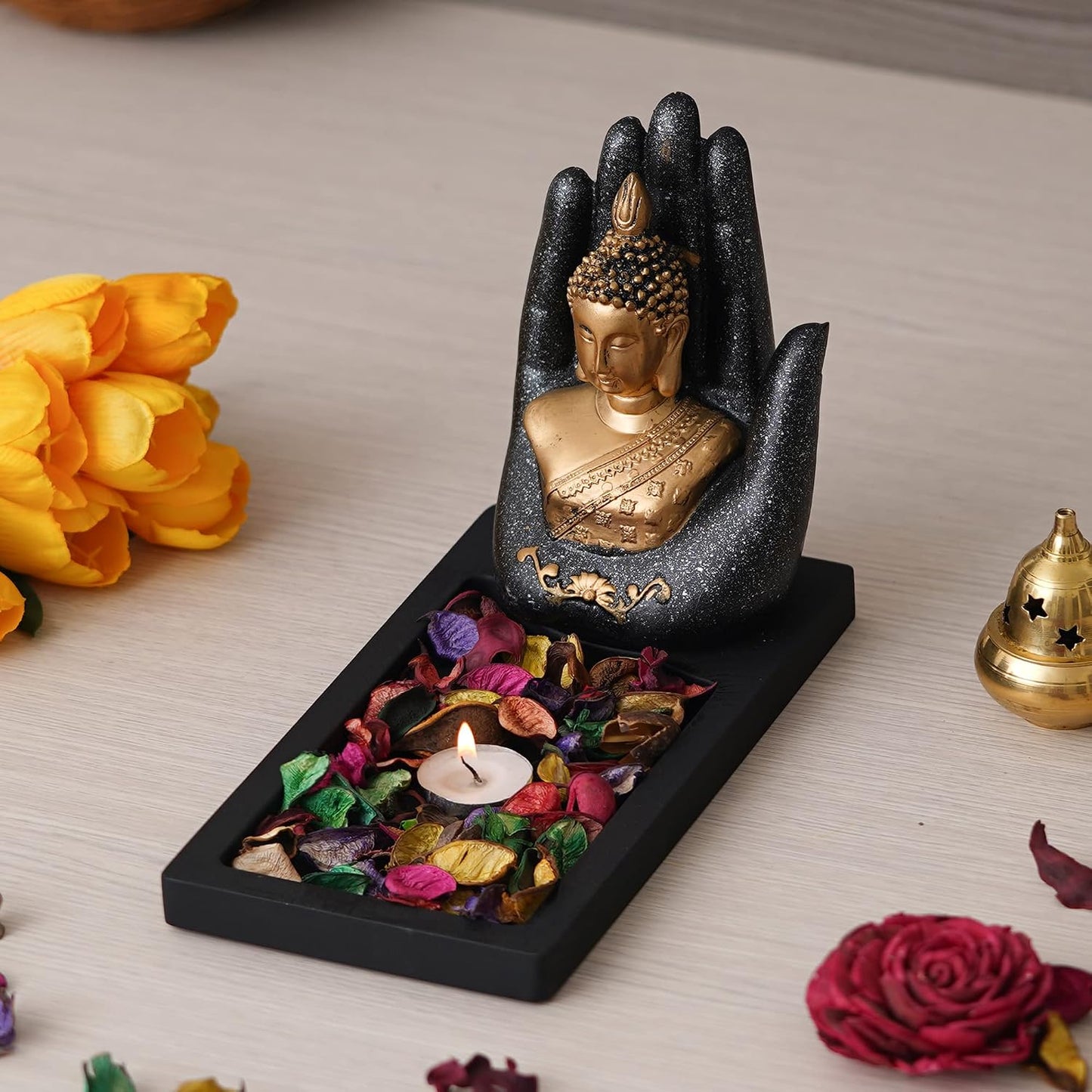 eCraftIndia Grey Golden Resin Palm Buddha Idol Tea Light Candle Holder| Lord Buddha Statue Tea Light Holder| Diwali Decoration Items for Home Decor| Buddha Showpiece Gift for Diwali Housewarming