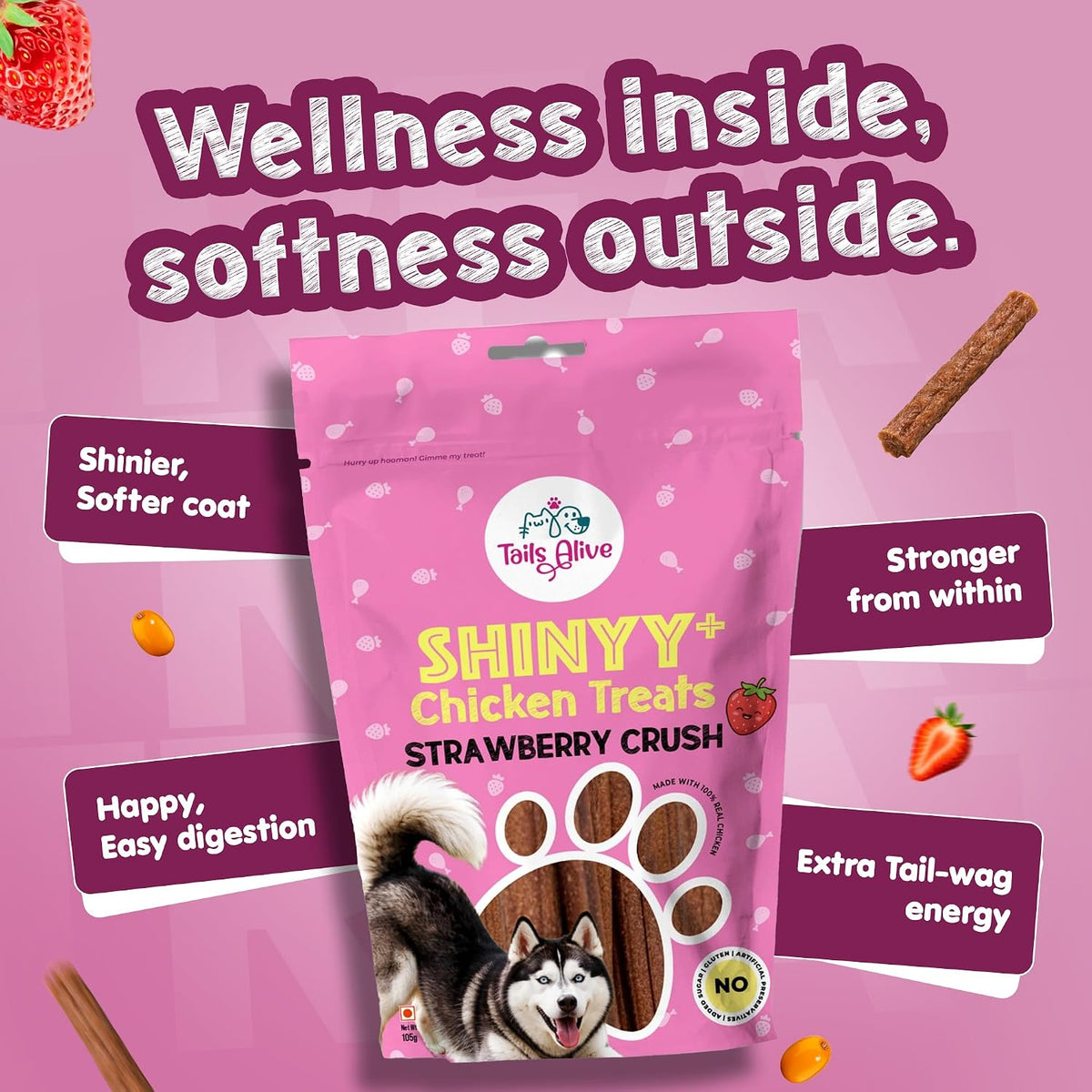 TailsAlive Shinyy+ Treats for Dogs | Skin & Coat Support | No Added Sugar | Fish Oil, Sea Buckthorn & Collagen | Strawberry Crush | 100g