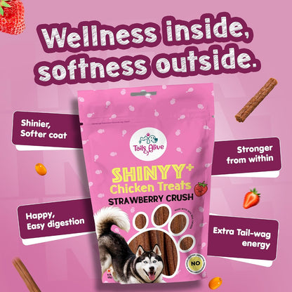 TailsAlive Shinyy+ Treats for Dogs | Skin & Coat Support | No Added Sugar | Fish Oil, Sea Buckthorn & Collagen | Strawberry Crush | 100g