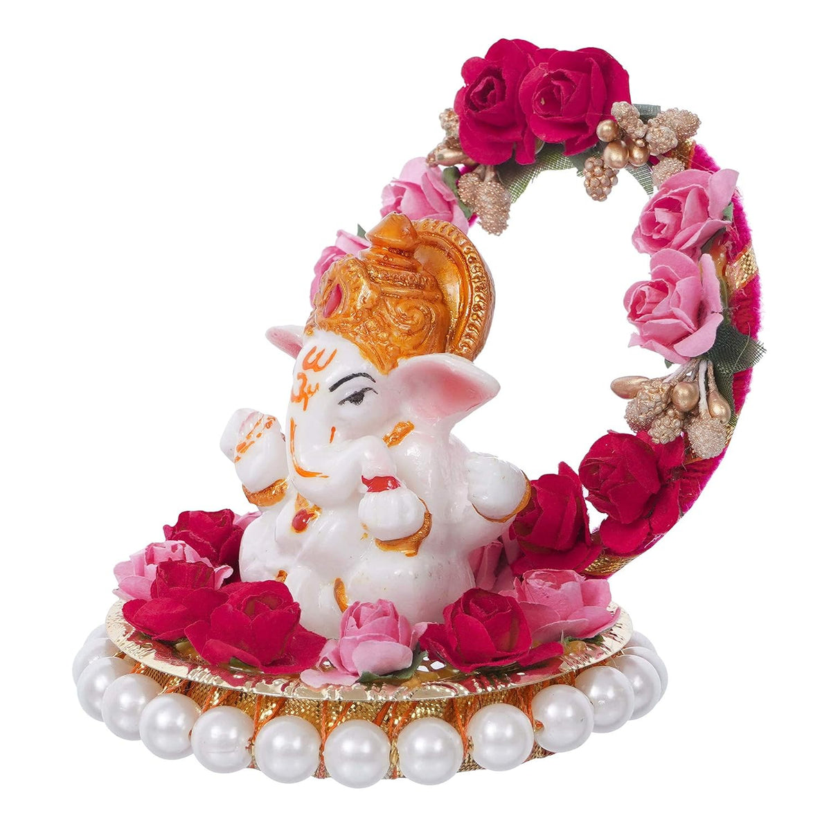 Lord Ganesha Idol on Decorative Handcrafted Plate with Throne of Pink and Red Flowers