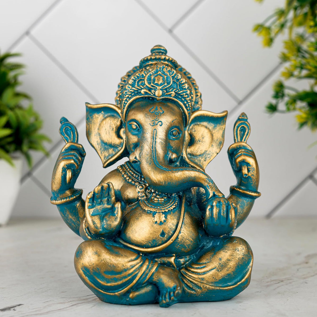 Ganesh ji murti Idol Statue Showpiece Home Decor Items for Living Room and Gifts (Antique Golden Blue)