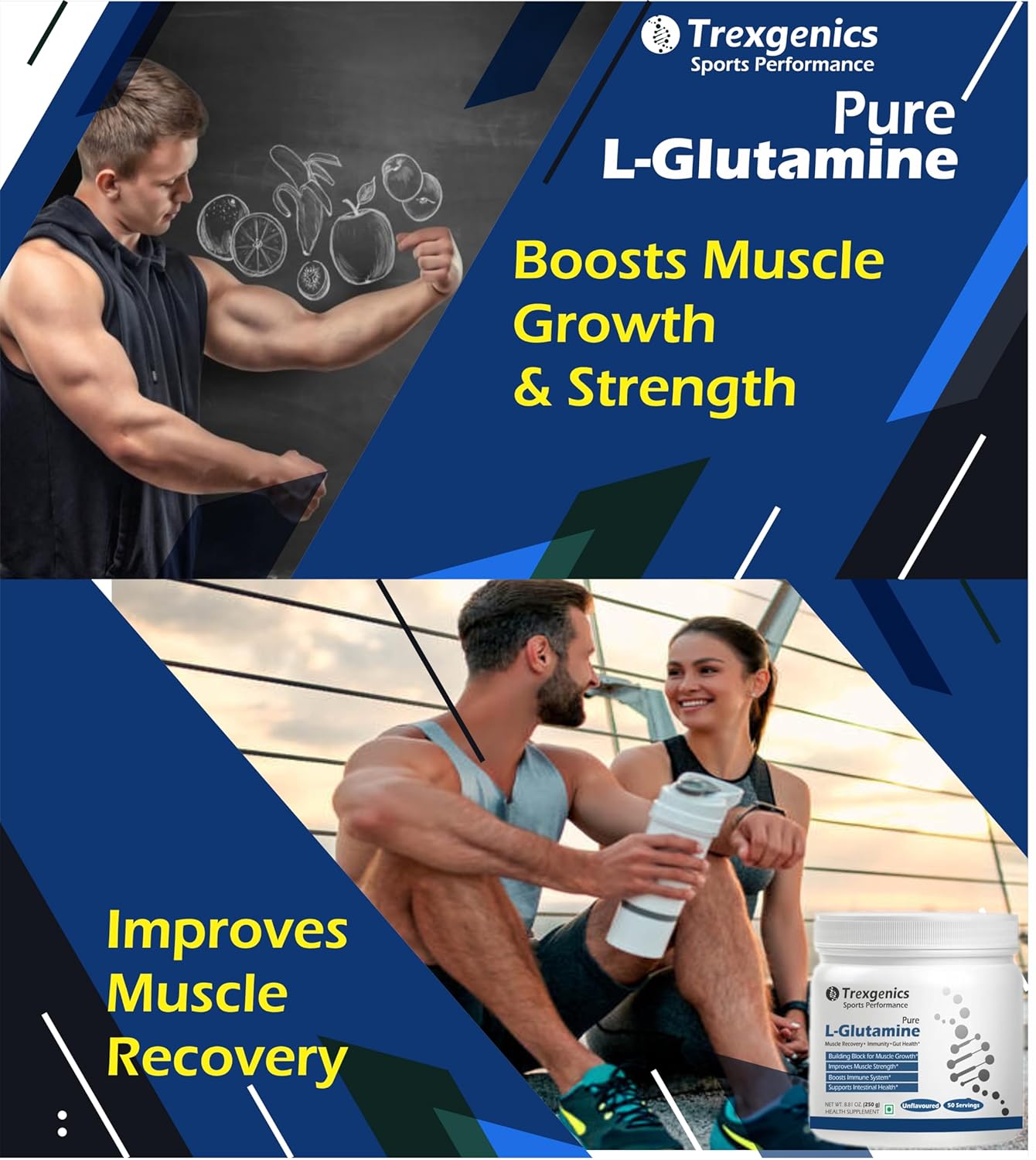 Advertisement for Trexegenics Pure L-Glutamine showing a man flexing muscles and a couple with a supplement container.