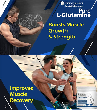 Advertisement for Trexegenics Pure L-Glutamine showing a man flexing muscles and a couple with a supplement container.