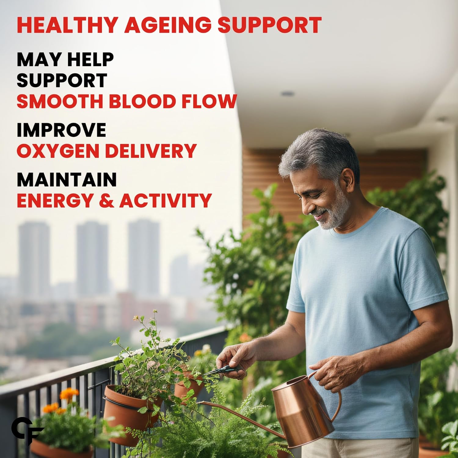 Man watering plants on a balcony with text about healthy ageing support.