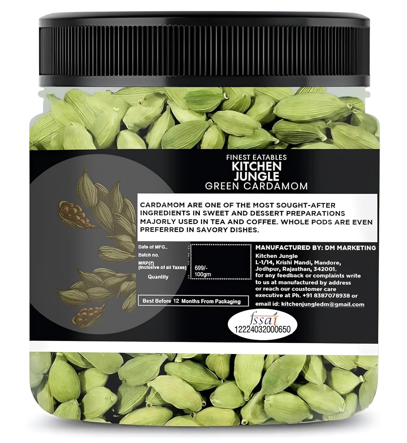 Kitchen Jungle Premium Green Cardamom (Elaichi) 100 Gm - Bold 8mm Size, Aromatic Spice for Culinary Delights