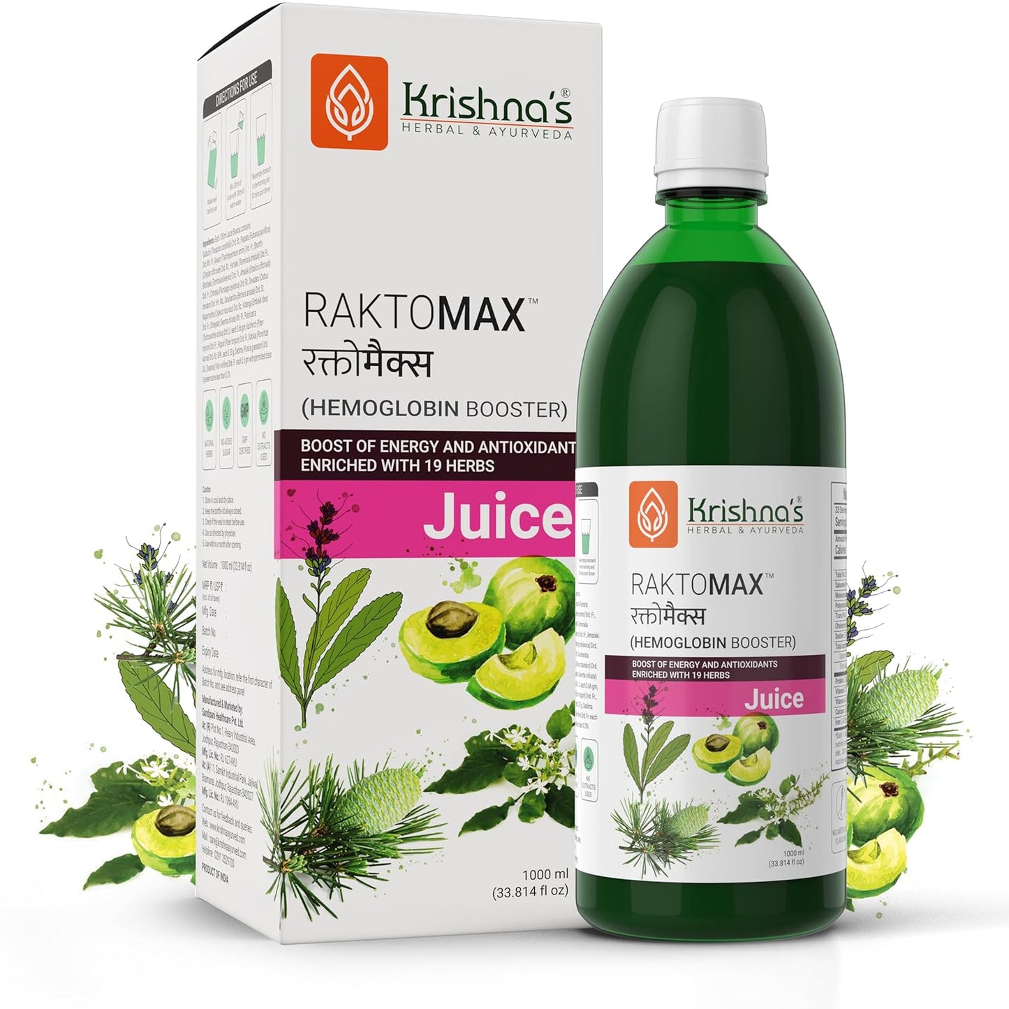 Krishna's Raktomax Juice with Power of Devdaru, Kutki, Amla & 13+ Potent Ayurvedic Herbs for Hemoglobin Boost, Improves Iron Absorption, Energy Support, Detoxification - 1000 ml (Pack of 1)