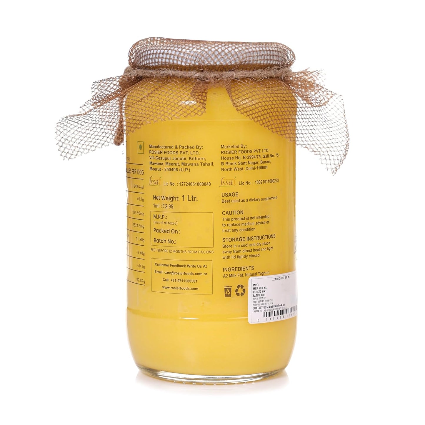 ROSIER A2 Gir Cow Ghee | Traditional Bilona Method A2 Gir Cow Ghee | Grassfed, Pure and Healthy Desi Cow Ghee