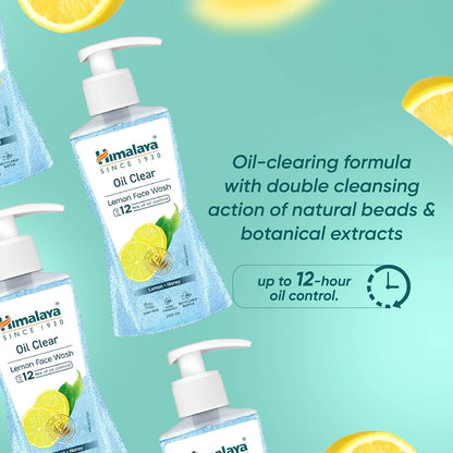 Himalaya Oil Clear Lemon Face Wash bottles with lemon slices on a teal background