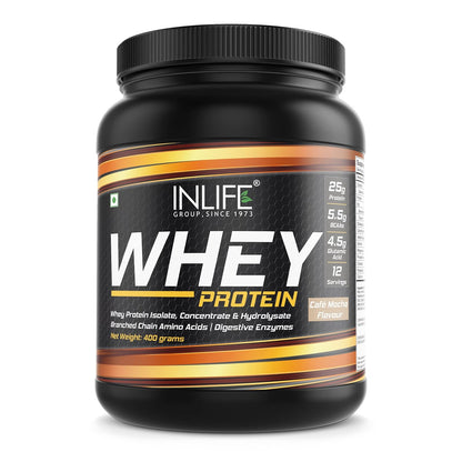 INLIFE Whey Protein Powder, Blend of Isolate Concentrate Hydrolysate Powder, Sports Nutrition Workout Drink, Muscle Food, Body Building Supplement for Men Women (Cafe Mocha, 400g)