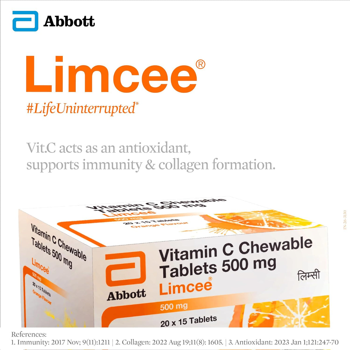 Limcee Chewable Natural Vitamin C Chewable Tablets 500mg || Tangy Orange Flavour || Boost Immunity || Supports Energy || Antioxidant || Skin Care || Men and Women -15 Tabs (Pack of 3)