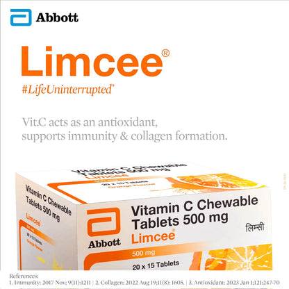 Limcee Chewable Natural Vitamin C Chewable Tablets 500mg || Tangy Orange Flavour || Boost Immunity || Supports Energy || Antioxidant || Skin Care || Men and Women -15 Tabs (Pack of 3)