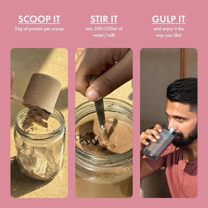Step-by-step guide on making a protein shake with text instructions on a pink background.