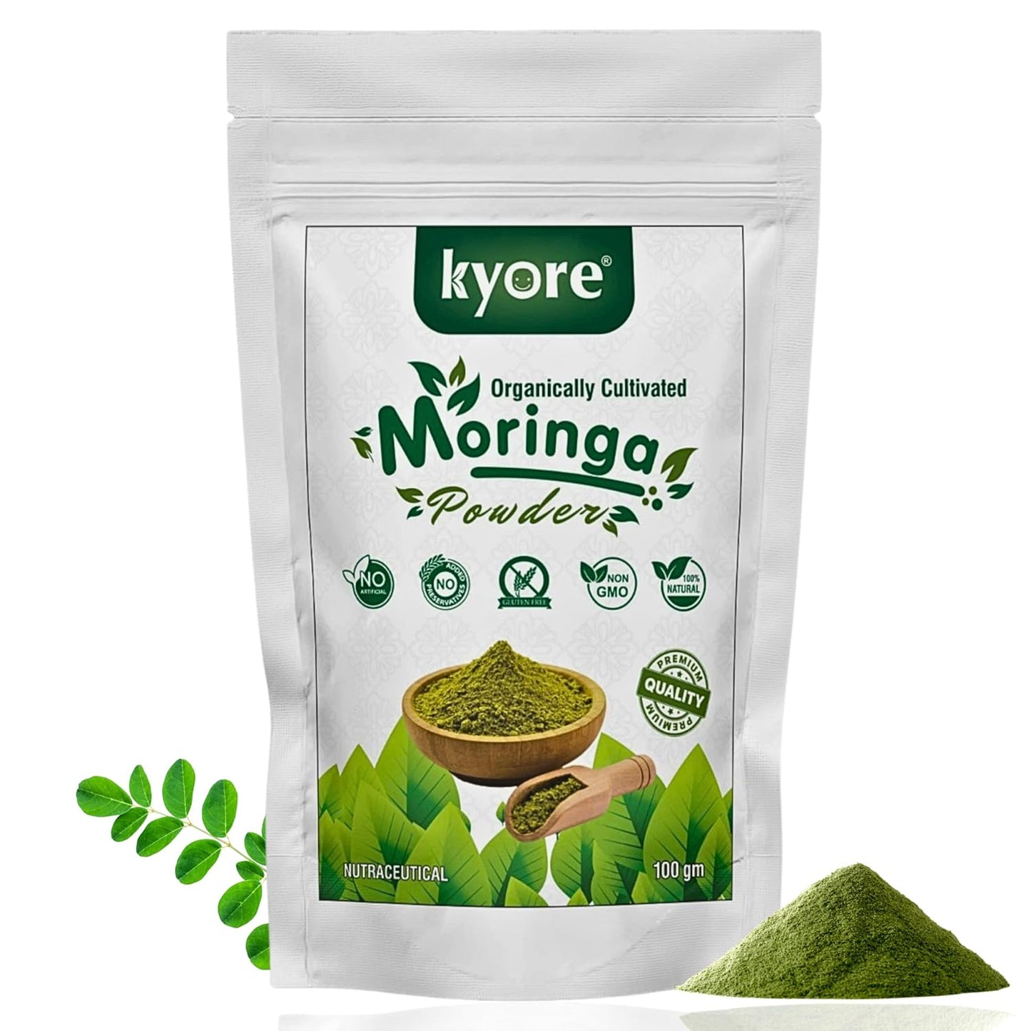 Kyore Moringa Powder packaging with green powder on a white background