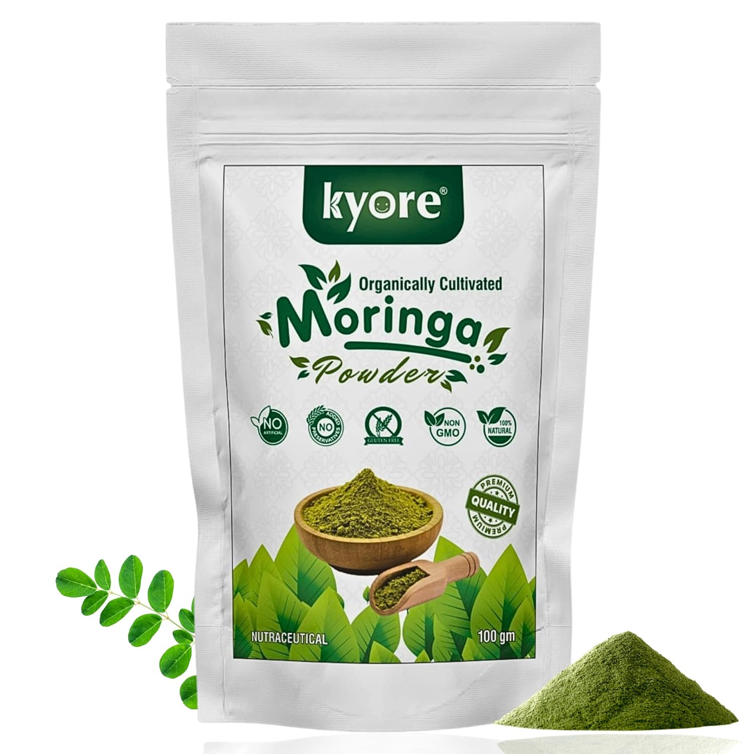 Kyore Moringa Powder packaging with green powder on a white background