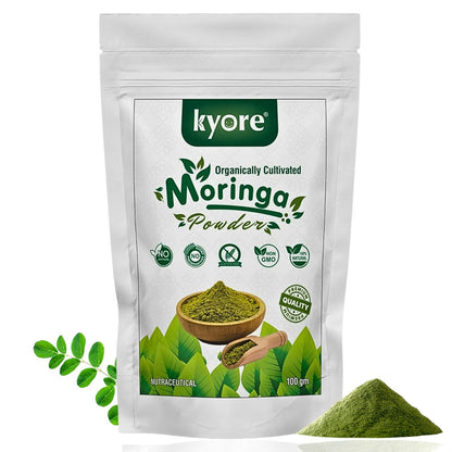 Kyore Moringa Powder packaging with green powder on a white background