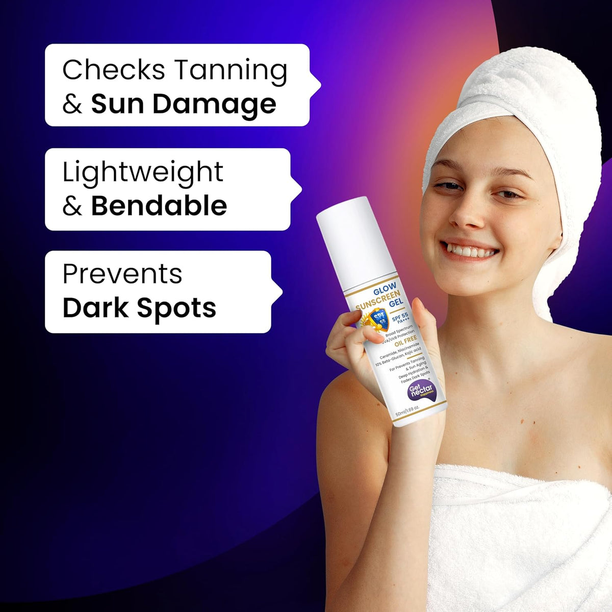 Woman holding a skincare product with text about its benefits on a purple background