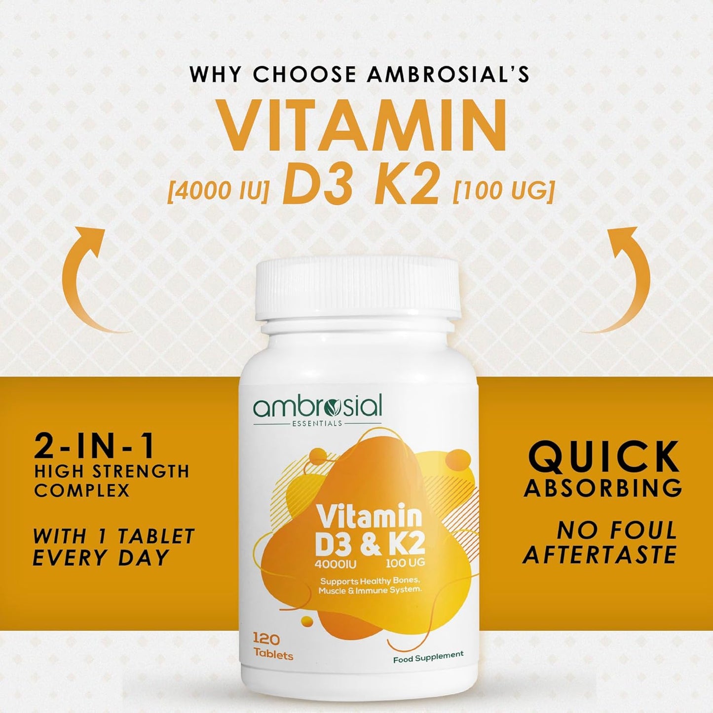Ambrosial Vitamin D3 & K2 Tablets 4000IU Vitamin D3 + 100µg K2 MK-7 for Healthy Bones, Muscles, and to Support The Immune System - 120 Tablets