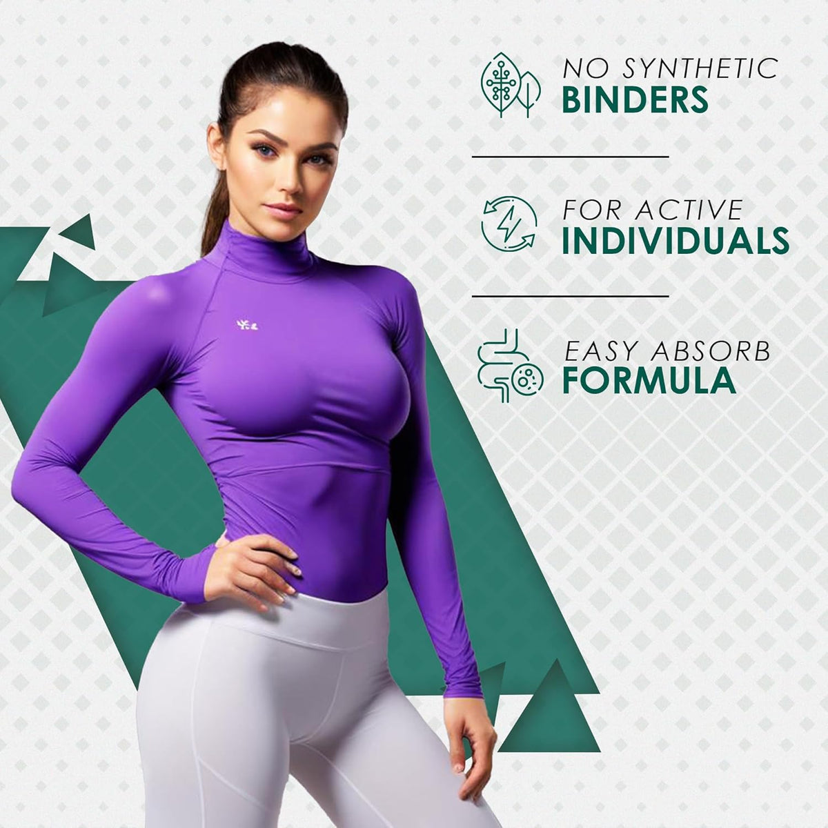 Woman wearing a purple long-sleeve top and white pants with promotional text about product features on a geometric patterned background.