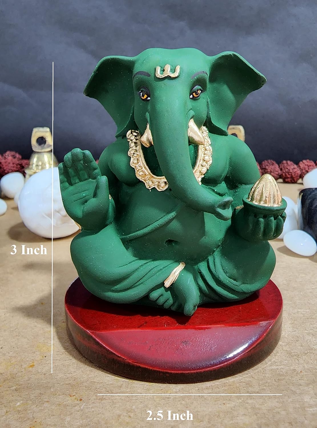 Handcrafted Poly Resin Ganesha Statue with Base - Perfect for Car Dashboard, Office Desk, Shelves, and Home Decor - Ideal Housewarming Gift! (Appugreenwithbase)