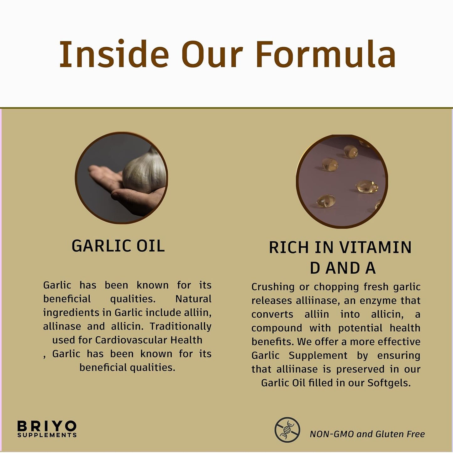 Briyo Supplements advertisement highlighting garlic oil and vitamin content.