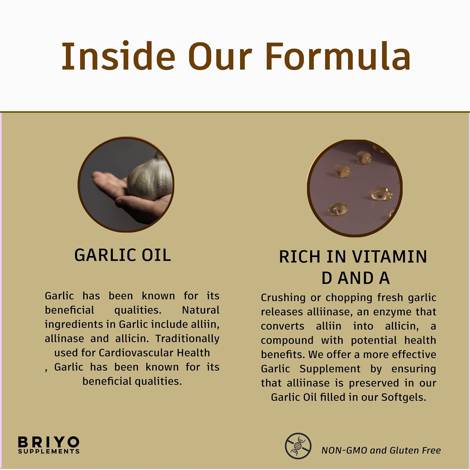 Briyo Supplements advertisement highlighting garlic oil and vitamin content.
