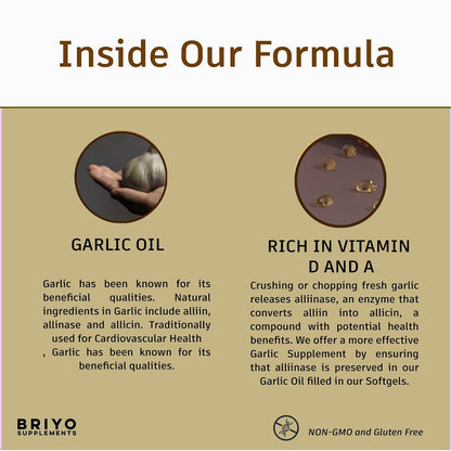 Briyo Supplements advertisement highlighting garlic oil and vitamin content.