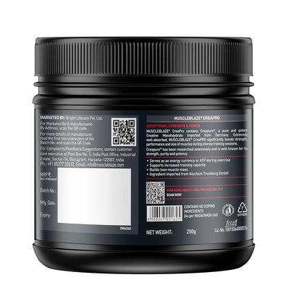 MuscleBlaze CreaPRO Creatine Monohydrate Powder with Creapure, Unflavoured (83 Servings, 250g)