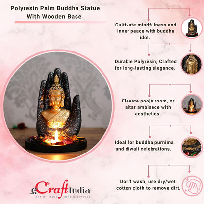 eCraftIndia Black Golden Resin Palm Buddha Statue Tea Light Candle Holder Showpiece