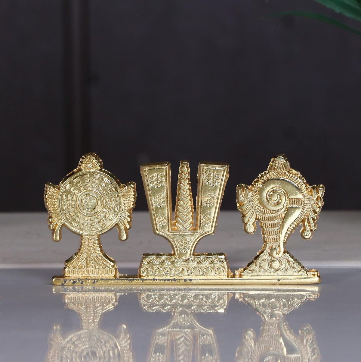 Tirupati Balaji Symbol Stand Shankh Chakra Namah Gold Plating Antique Decorative for Car Dashboard Home & Office Table Showpiece Figurines,Religious Gift Idol...