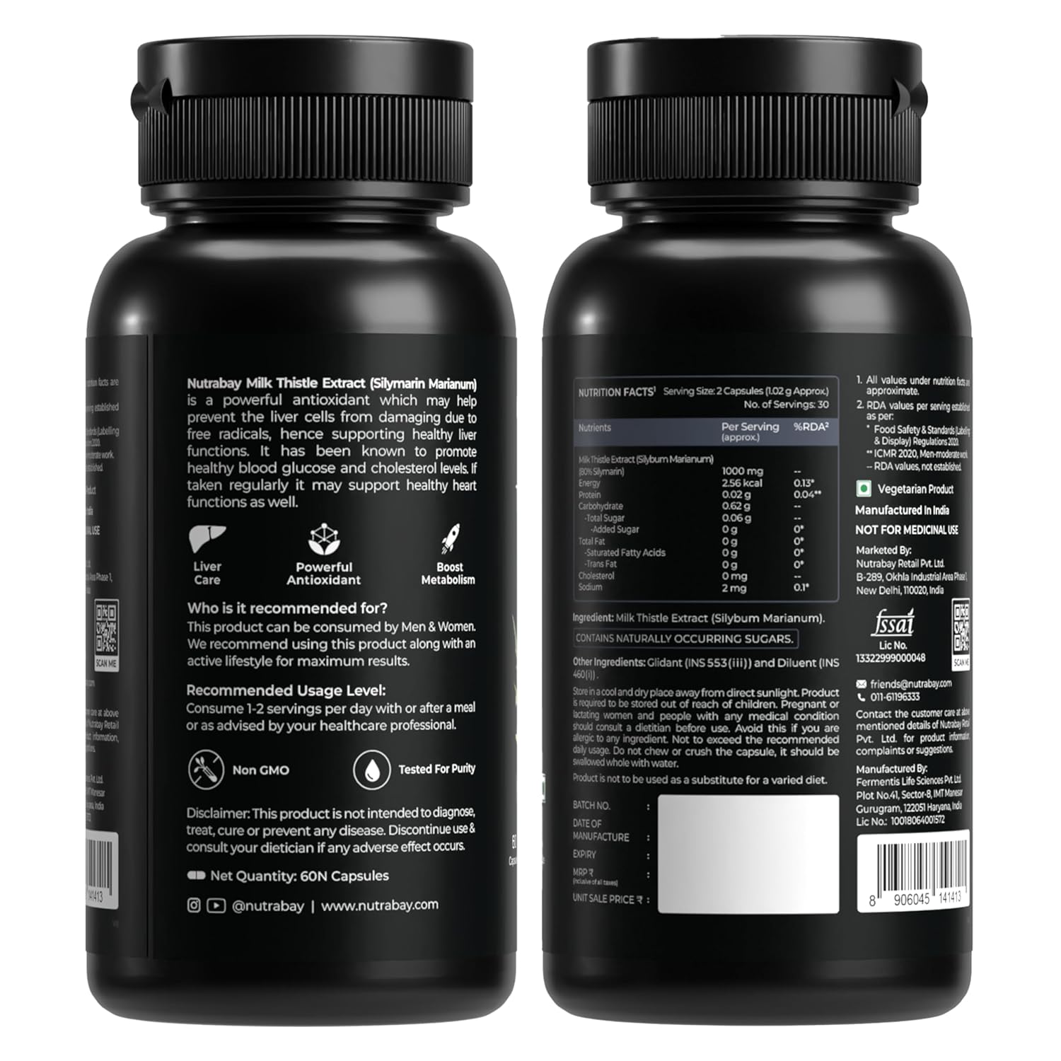 Two black supplement bottles with labels on a white background
