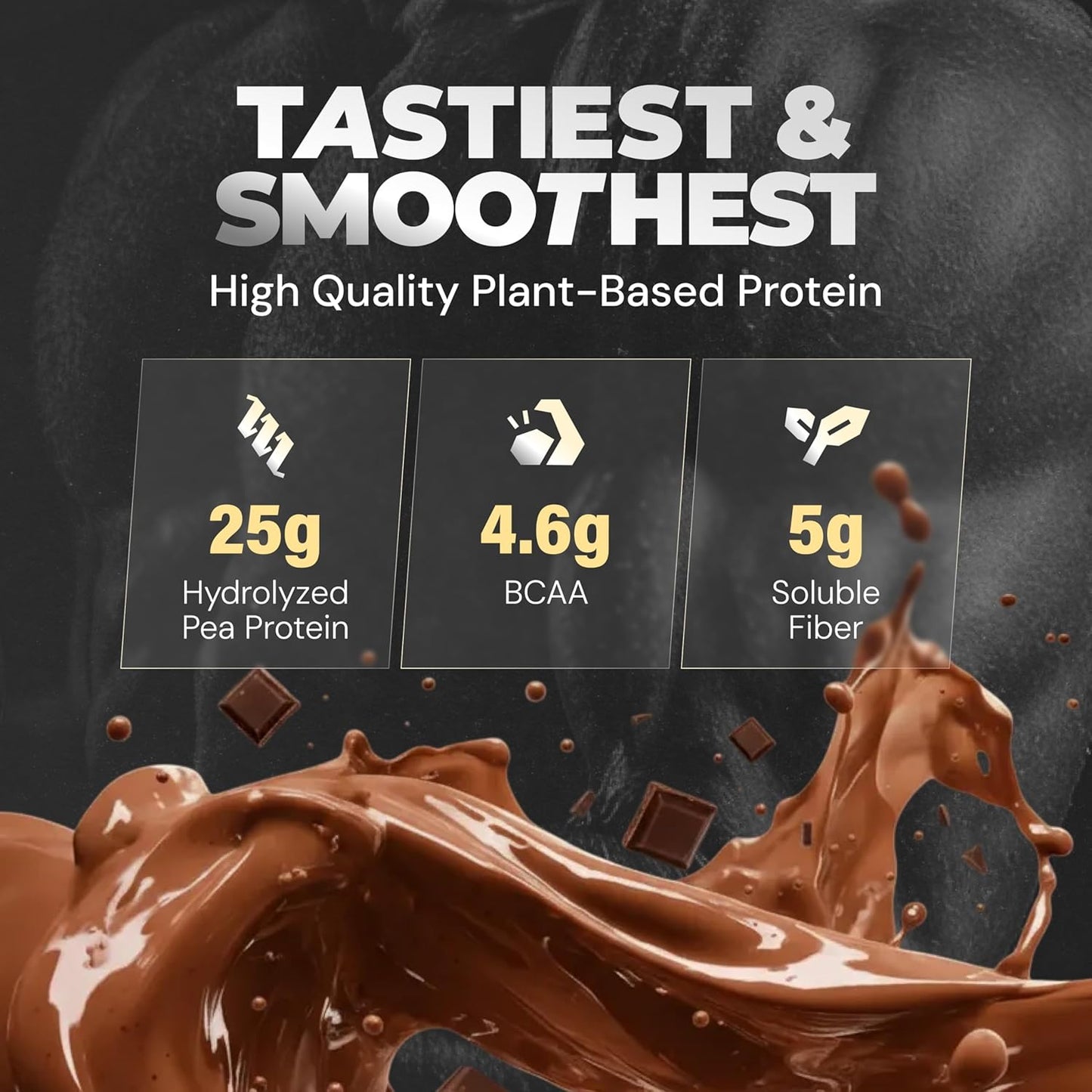 Chocolate protein supplement with nutritional information on a dark background