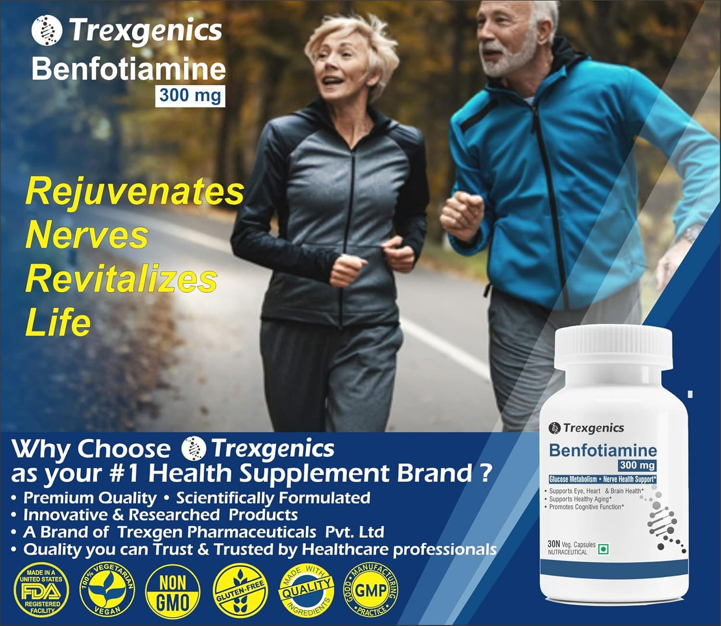 Trexgenics BENFOTIAMINE 300 mg + L-Leucine 50 mg Glucose Metabolism & Nerve Health Support VEGAN & NON-GMO (30 Veg. Capsules) (Pack of 1)