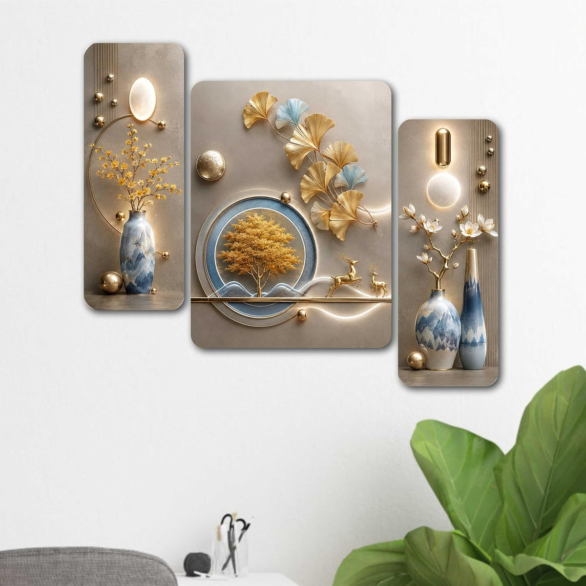 Golden Ginkgo Tree and Deer Wall Painting Set of 3 on MDF Board with UV Textured Finish, Blue Grey Botanical Art for Living Room Bedroom Office Home Decor (12 x 18 Inch) JML-6004