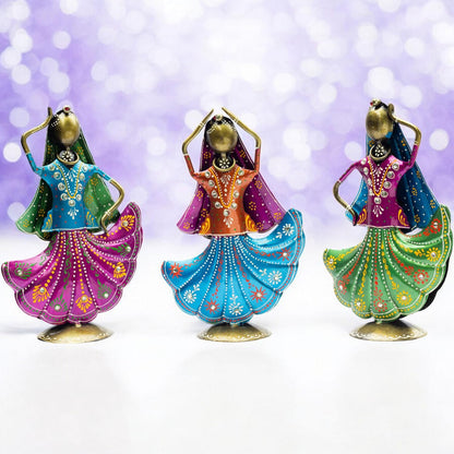 Set of 3 Metal Figurine Dancers Home Decor Item for Living Room, Bedroom, Wedding Festive Housewarming Gift Showpiece Rajasthani Dancing Dolls