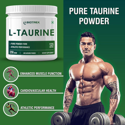 Biotrex Nutraceuticals L-Taurine Powder | Amino Acid Supplement For Athletic Performance | Cardiovascular Health & Enhances Muscle Function | Men & Women - 250Gram (Serving 125)