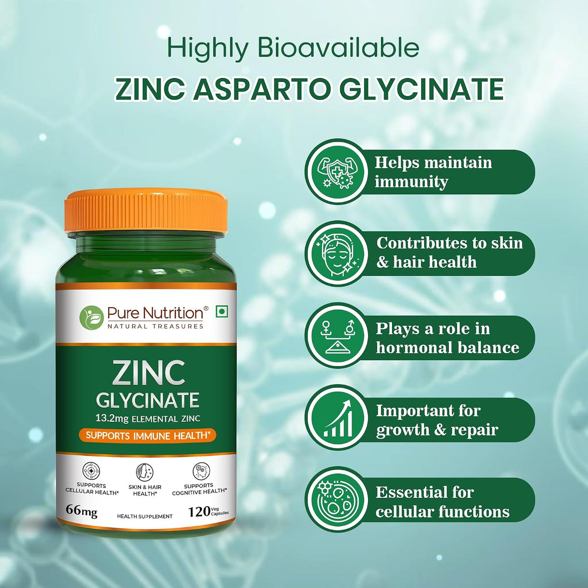 Pure Nutrition Zinc Glycinate Supplement (66 mg) | 120 Veg Capsules | 13.2 mg Elemental Zinc | Daily Zinc Supplement for Skin, Hair & General Wellness