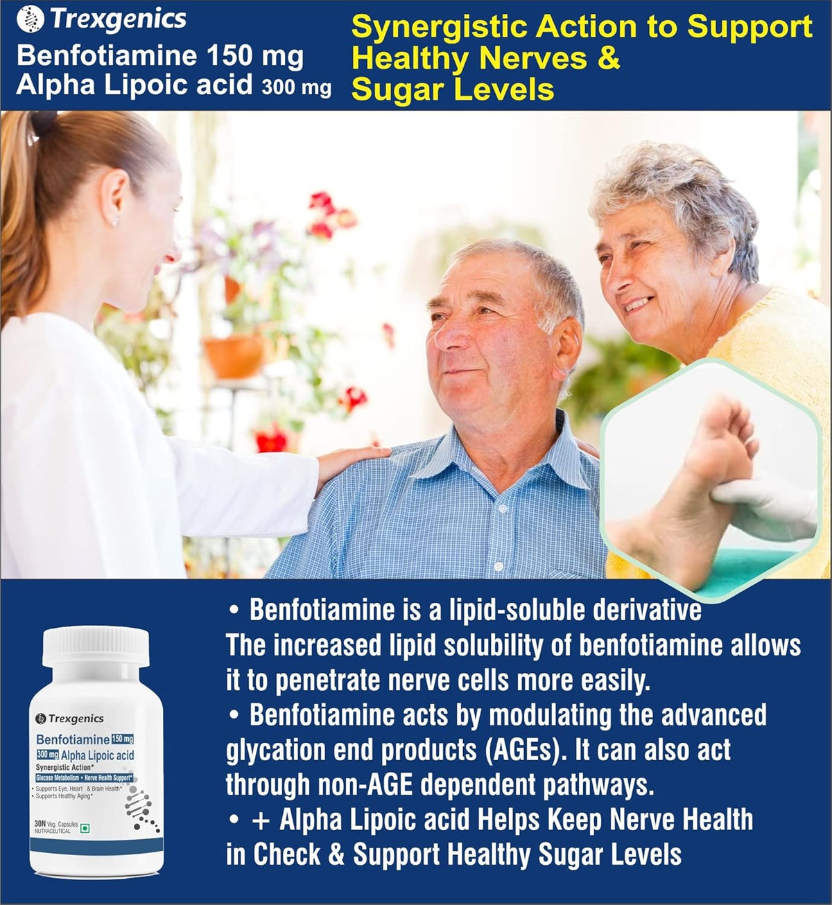 Advertisement for Trexegenics Benfotiamine 150 mg Alpha Lipoic acid 300 mg supplement with a woman and man outdoors.