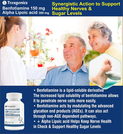 Advertisement for Trexegenics Benfotiamine 150 mg Alpha Lipoic acid 300 mg supplement with a woman and man outdoors.