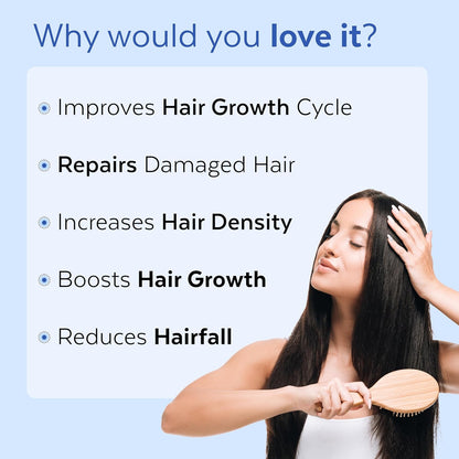 Woman with long hair using a wooden brush, with text highlighting hair care benefits on a light blue background.