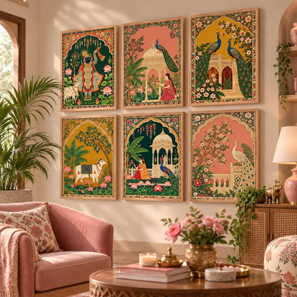 Madhubani Paintings Set of 6 Traditional Indian Peacock Wall Painting With Frame for Living Room Bedroom Hotel Wall Decor Digital Reprint (10X13 Inch)